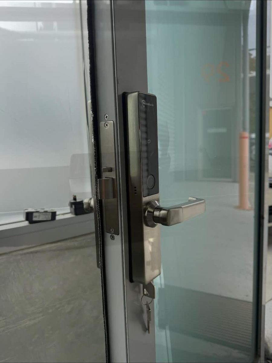 Electronic lock on a shopfront